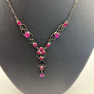 Vintage ICNG Signed Black Pink Rhinestone Necklace and Earrings